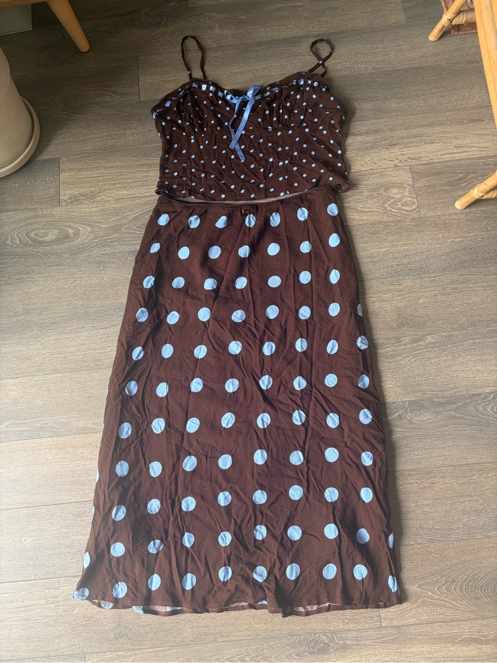 American Eagle Brown & Light Blue Polka Dot Skirt & Cami Matching Set - M